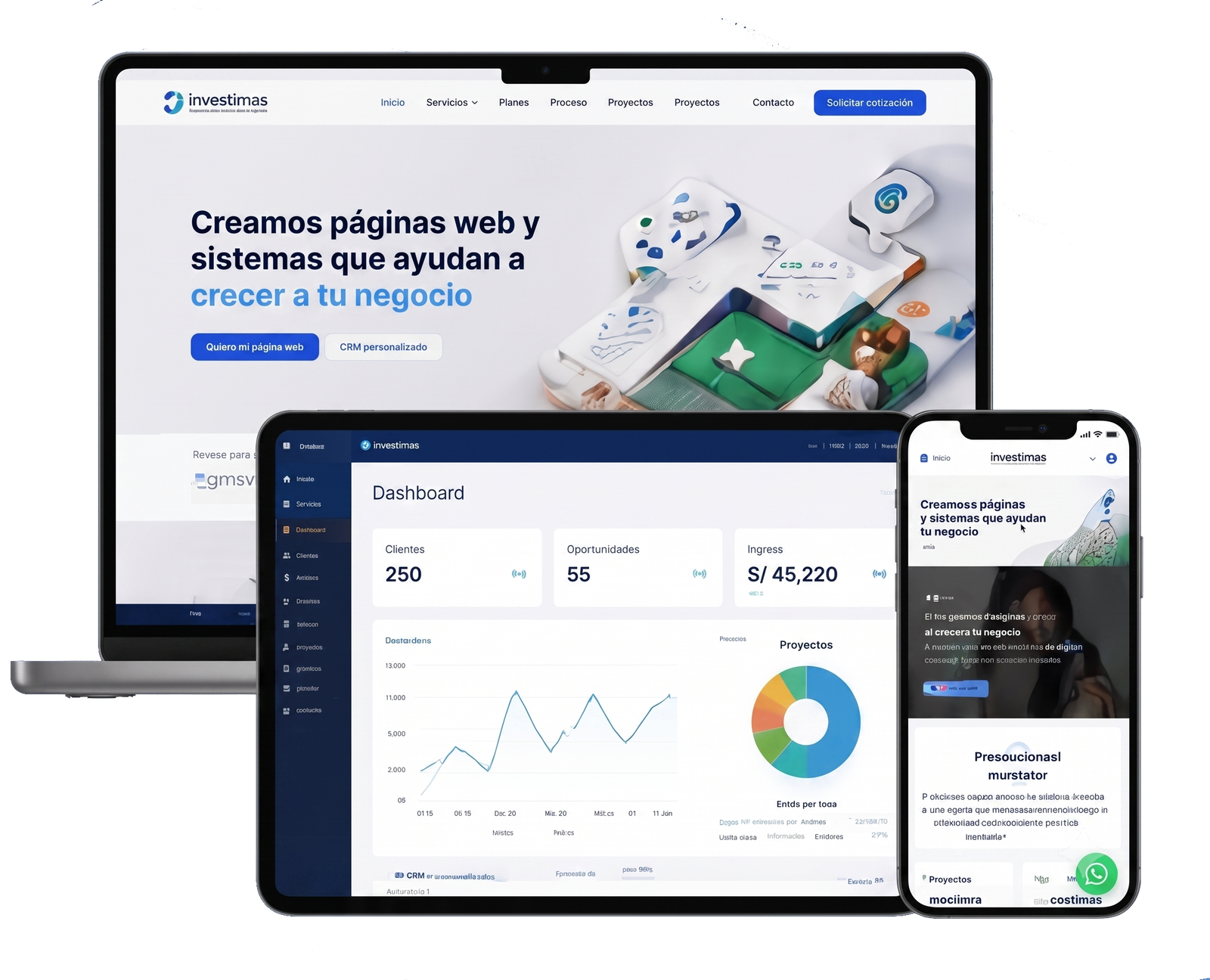 Mockups de páginas web, CRM y app móvil de Investimas en laptop, tablet y smartphone